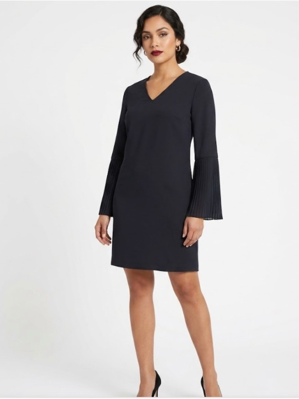H by Halston Black V-Neck Mini Dress with Pleated Bell Sleeves
